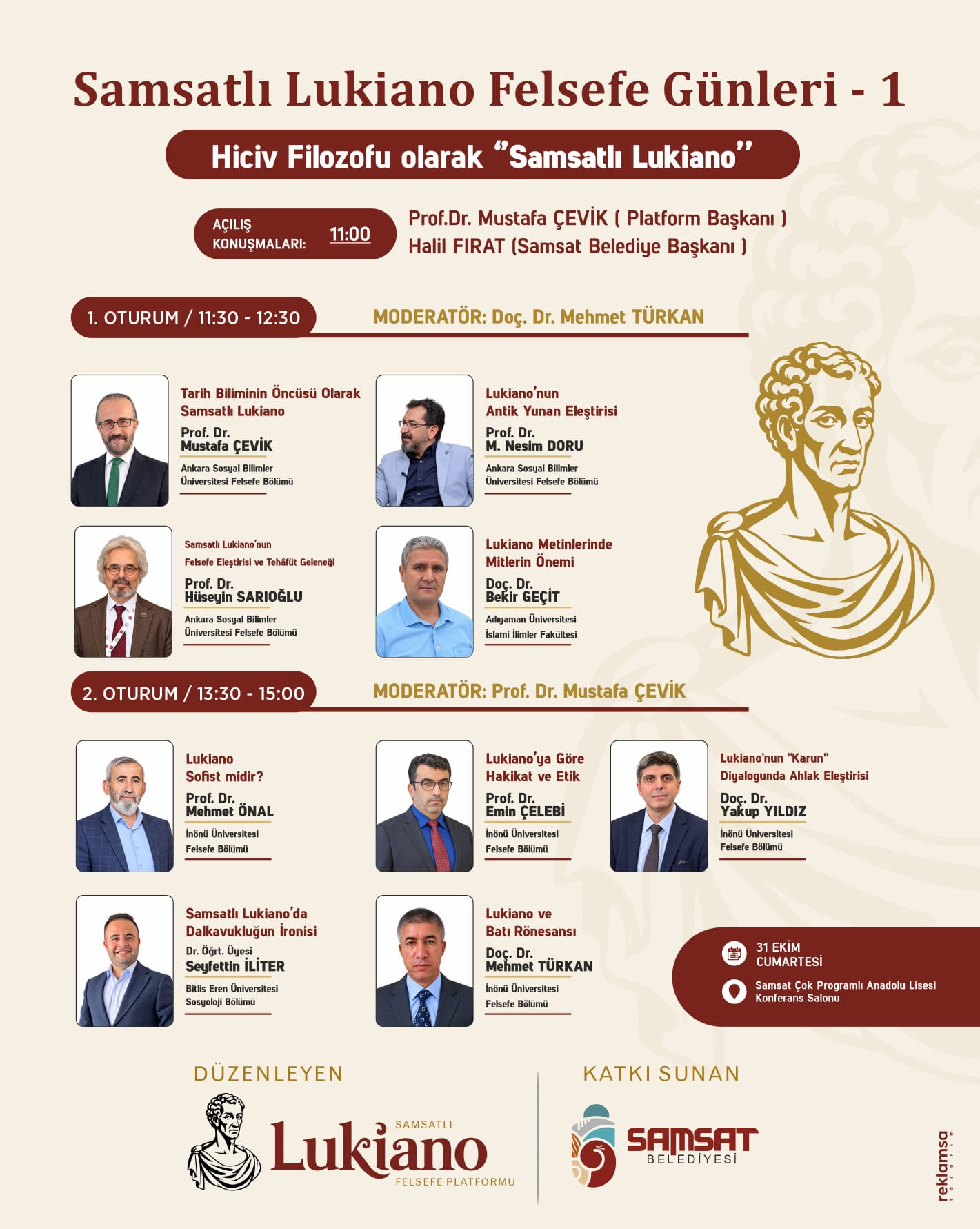 Samsatlı Lukiano Felsefe Günleri etkinlik broşürü; konuşmacı fotoğrafları ve program